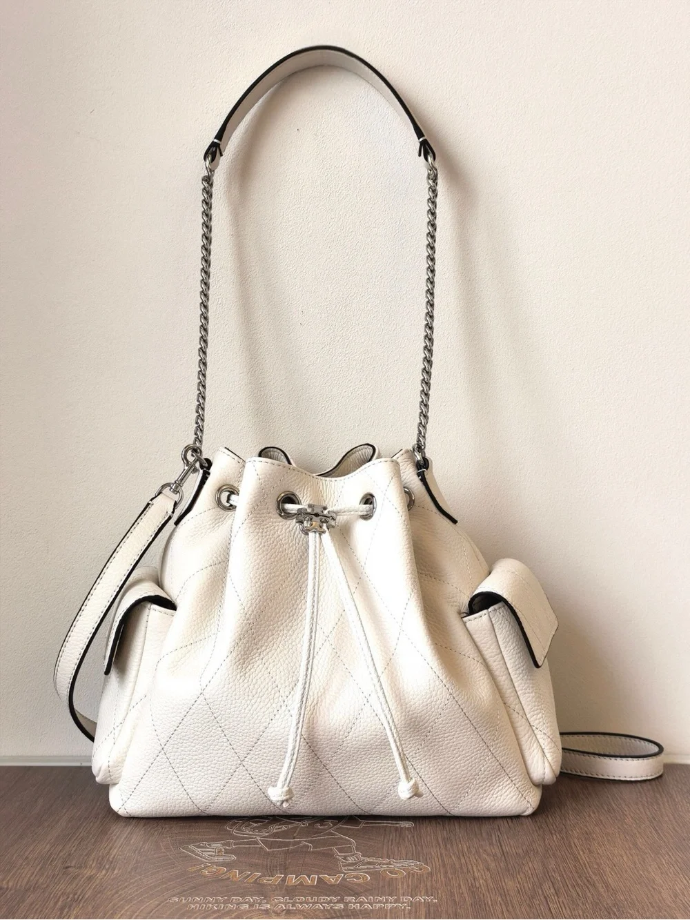 Classic Cream Drawstring Leather Bucket Bag